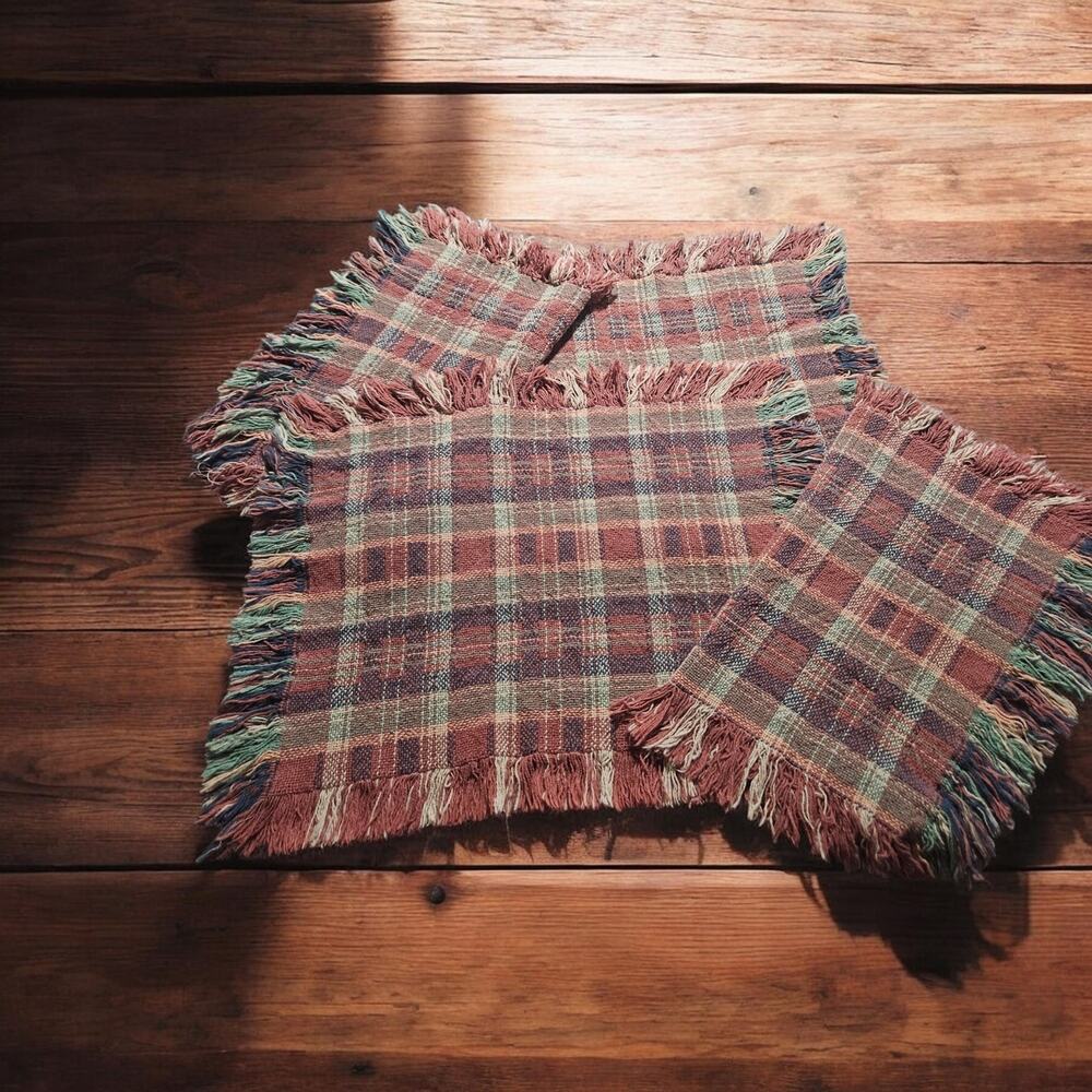 Vintage Woven Plaid Placemats Set of 4 Fringe Primitive Country Farmhouse Decor